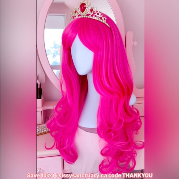 Sissy Princess Pink Curly Long Synthetic Hair Wig peice for cosplay CD Drag - Picture 1 of 5